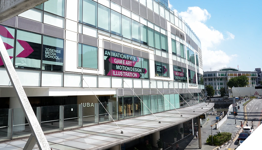 Overview shot of 3dsense Media School campus at Clarke Quay Central, highlighting its strategic location in Singapore.