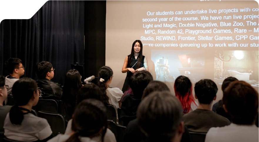 Karen Wu, Country Manager of University of Hertfordshire, speaking at 3dsense Media School during a student session.