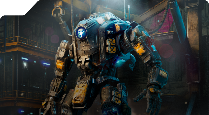 A close-up of a futuristic robot with yellow and black armor, standing in a dimly lit industrial space with metal walls.