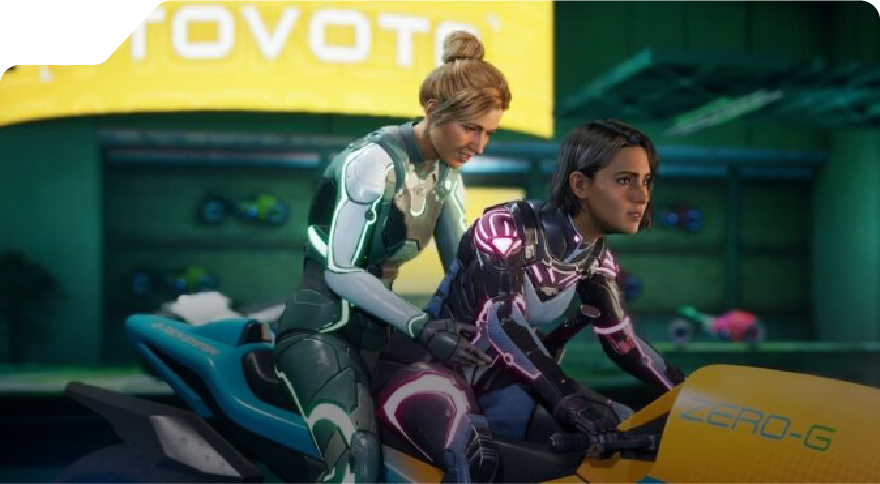 Two riders in futuristic racing suits are seated on a bright orange motorcycle in a neon-lit environment.