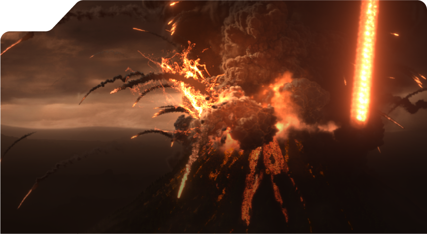 student work showcasing a volcano eruption VFX