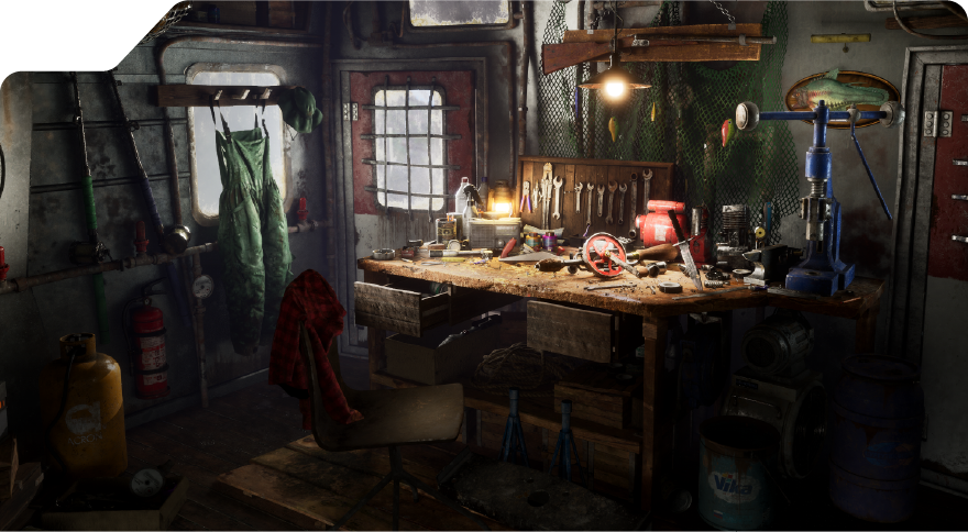 student work featuring a cozy interior with a lit work station, windows, garments