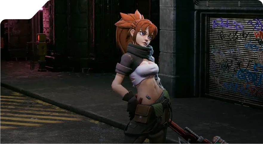 A confident, orange-haired character in a crop top and cargo pants stands on a dimly lit urban street holding a large wrench, conveying a gritty, adventurous mood.