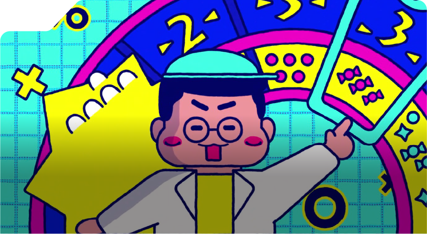 A motion design student work featuring a cartoon character in a lab coat enthusiastically points to colorful math symbols and numbers. The background features a grid pattern with a vibrant rainbow arch. The scene is playful and educational.