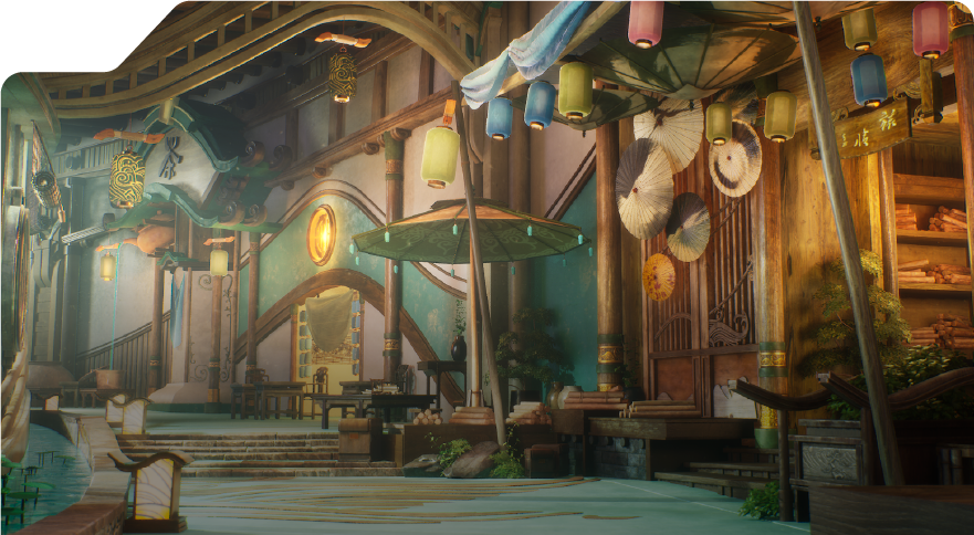 Concept art by a 3dsense student showing a serene interior scene with ornamental lanterns, decorative fans, and a tranquil pool.