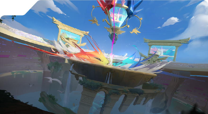 Digital illustration of a colorful, dynamic fantasy scene shows a floating arena with mystical architecture. Streams of vibrant colors emanate from a central glowing fountain, set against a bright blue sky.