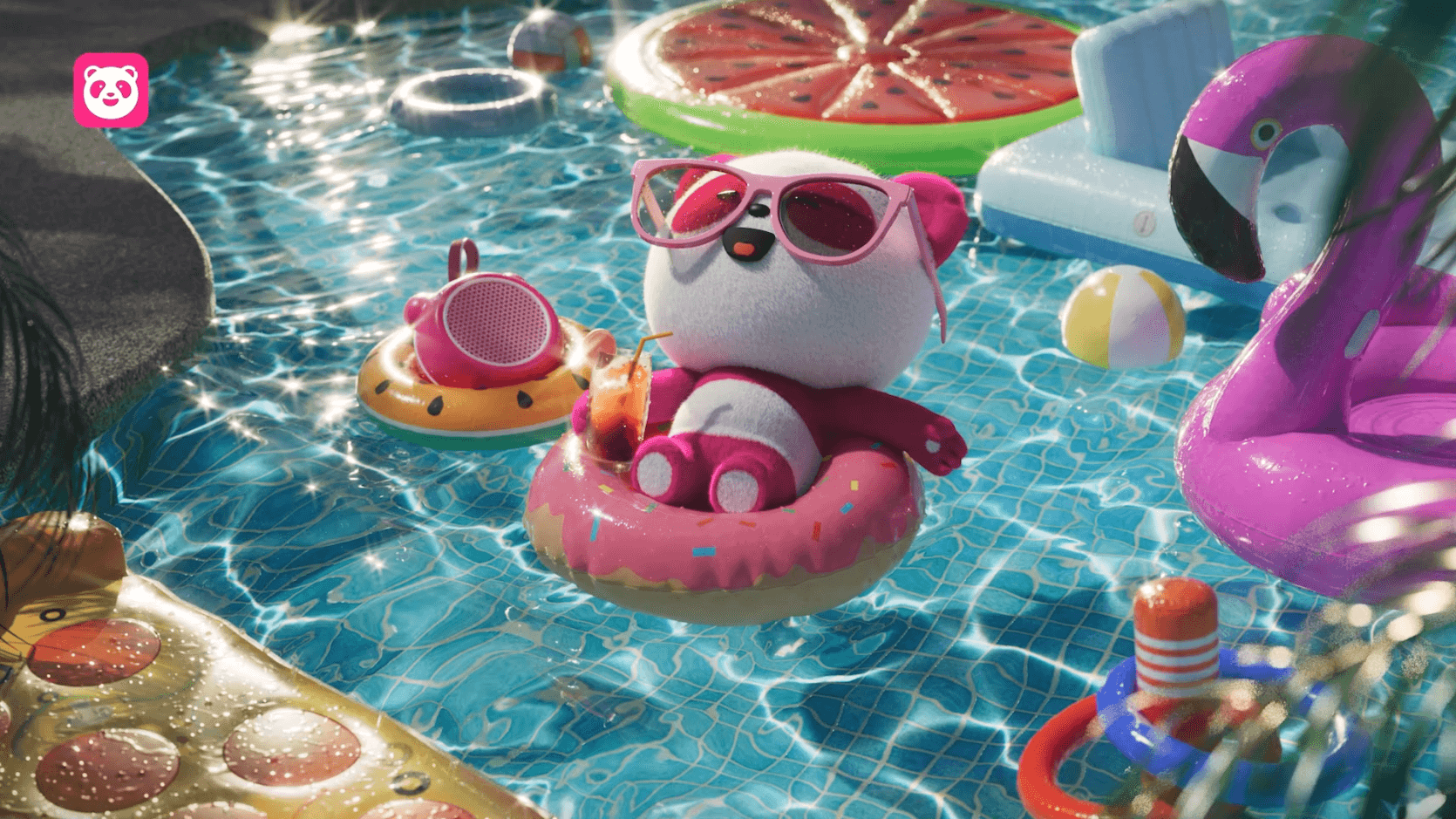 A video still from a Foodpanda ad featuring a panda relaxing in a pool, with contributions from a past student.