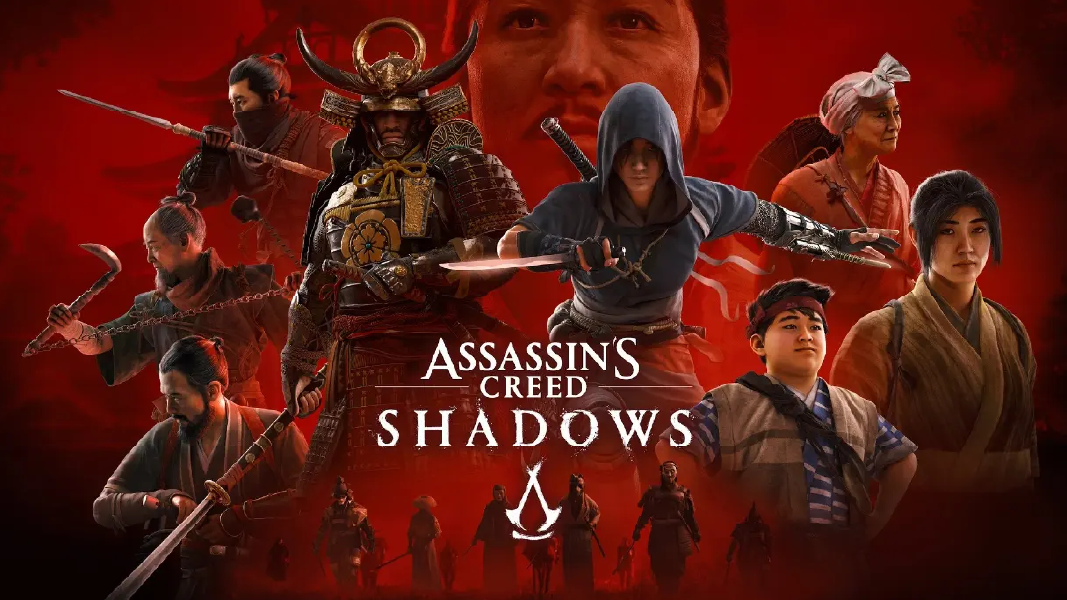 Assassin's Creed Shadows game poster, featuring a past student’s work as a Junior Level Artist, contributing to the game's visual design.