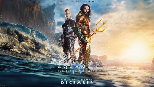 Aquaman and the Lost Kingdom poster featuring Aquaman and Orm standing on water with large crashing waves in the background.