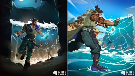 Digital art of Harbor, a controller agent in VALORANT by Riot Games, using water-based abilities for defense and attack.
