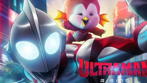 Ultraman soars through a vibrant cityscape with a cheerful, bird-like sidekick on his back, both ready for action.