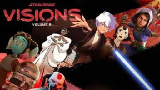 A collage featuring characters from Star Wars: Visions Volume 2, showcasing iconic elements like lightsabers and droids.