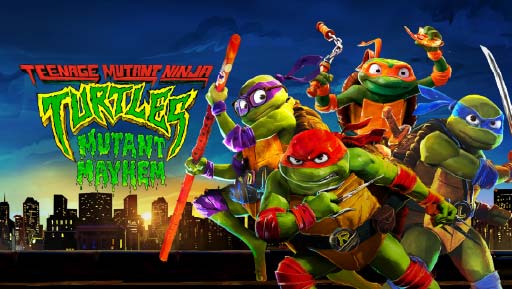 Teenage Mutant Ninja Turtles: Mutant Mayhem poster featuring the turtles in action poses with a vibrant city backdrop.