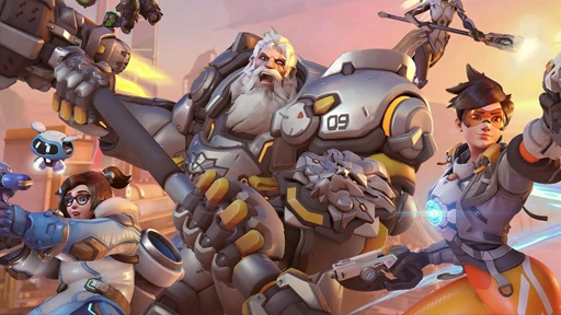 A dynamic Overwatch scene featuring various heroes in action, showcasing vibrant colors and animated poses with a futuristic backdrop.