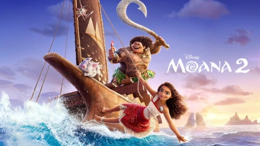 Moana 2 poster featuring Moana, Maui and Pua riding together on a boat with the ocean and sunset in the background.