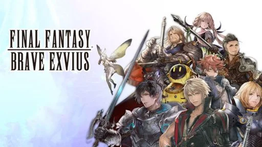 A group of characters from Final Fantasy: Brave Exvius, featuring various heroes and a whimsical creature.