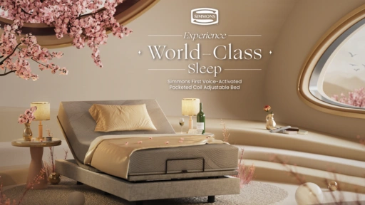 Still from a Simmons Bed video, highlighting luxurious comfort and support for a world-class sleep experience.