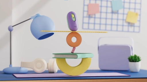 A vibrant desk setup with a balanced mix of a mouse, circular shapes, and geometric blocks against a soft backdrop.