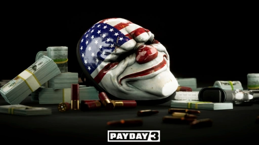 Dallas 3D mask by a past student, featuring the iconic American flag clown mask from Payday 3, set amid money and ammo.