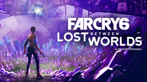 Far Cry 6: Lost Between Worlds poster featuring the protagonist in a vibrant, surreal alien landscape with dramatic lighting.