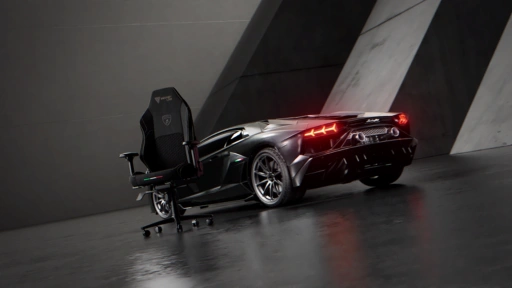 A video still from a Secretlab x Automobili Lamborghini ad, showcasing the car and chair, with past student contributions.