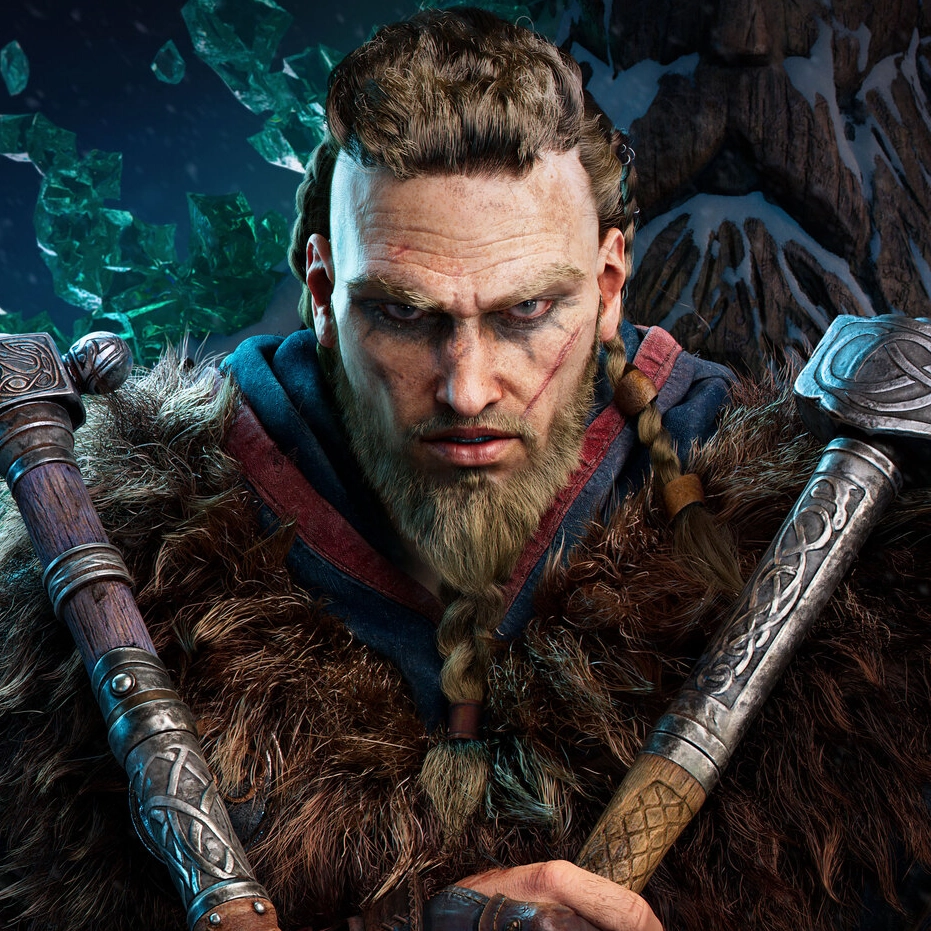 A warrior in fur garments holds two intricately designed axes, standing against a backdrop of icy crystals.