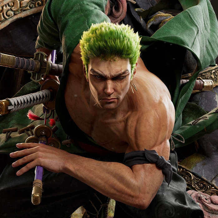 A warrior resembling Zoro from One Piece, with green hair and traditional attire, poses surrounded by ancient figures.