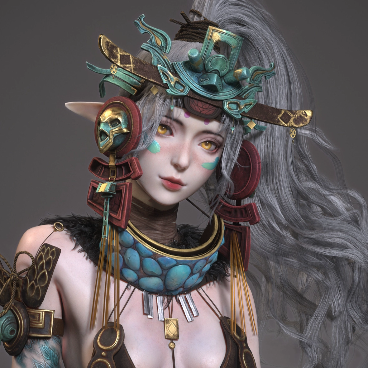 A female character with elaborate accessories, vibrant texture, flowing silver hair, showcasing intricate body art and armor.