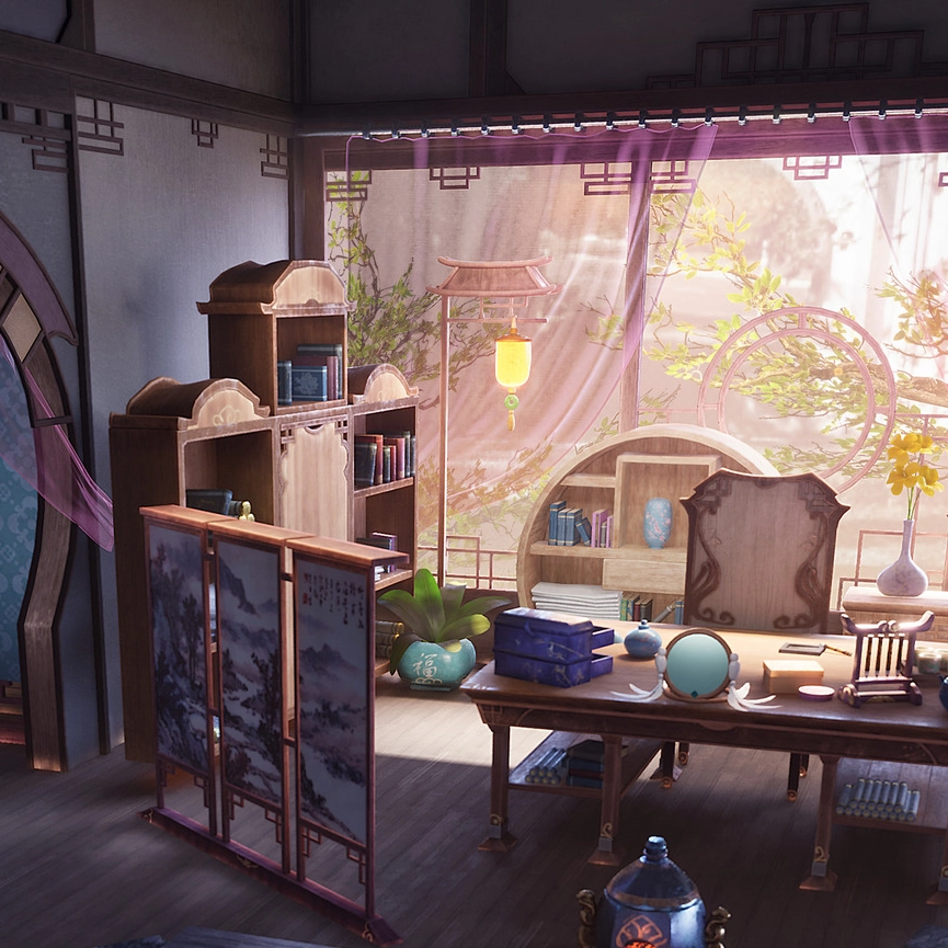 A serene, light-filled room with traditional decor, plants, wooden table, surrounded by shelves in an inviting atmosphere.