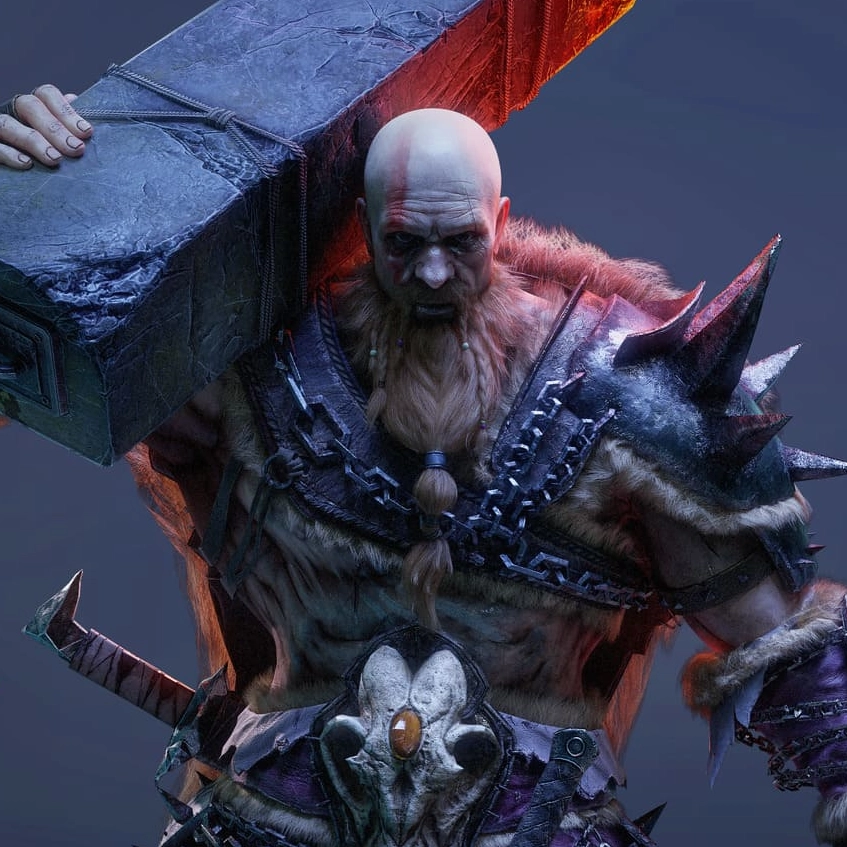 3D Model of Kratos in spiked armor, holding a massive stone weapon and a spiked mace, against a dark background.