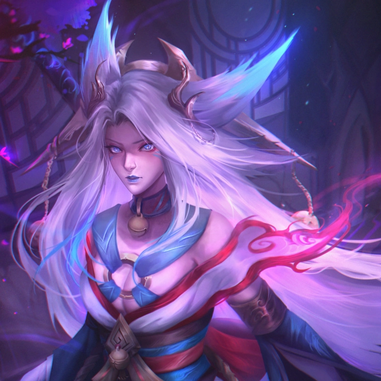 A mystical figure with long hair in vibrant robes, surrounded by a dark, enchanting landscape filled with colorful flowers.