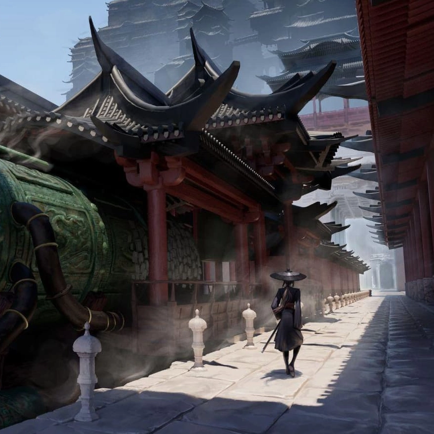 A towering, ancient, decorated vehicle emits steam as a figure in traditional attire walks along a misty, serene path.