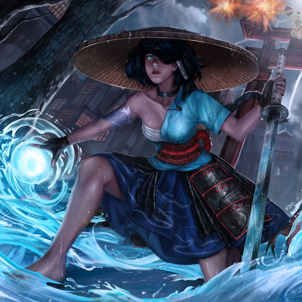 A female fighter stands amidst crashing waves, conjuring a magical orb, as eerie fish-like creatures emerge from the water.