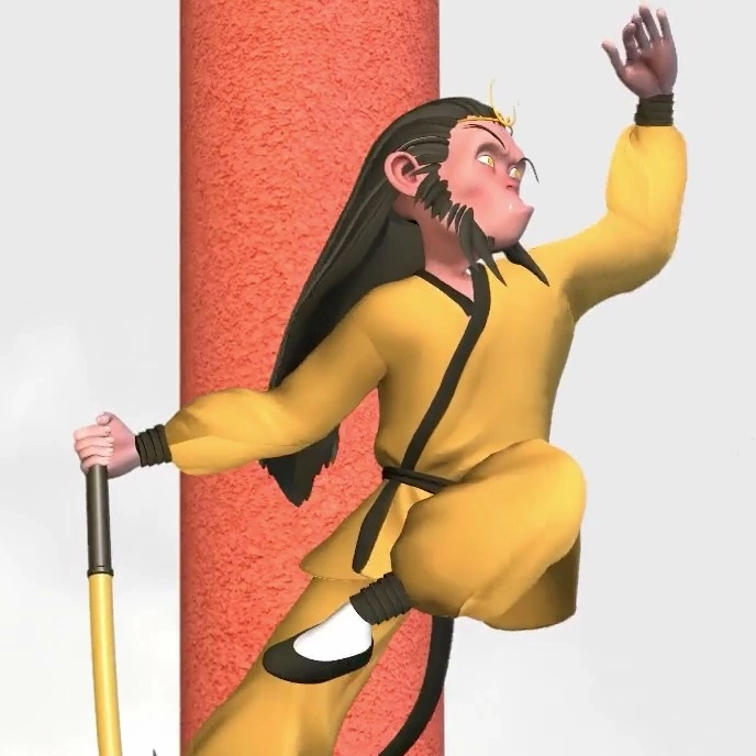 A monkey in a yellow martial arts outfit hangs on a staff in a misty, mystical landscape, staring outwards.