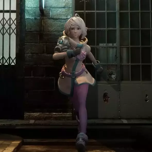 An elf character in a stylish outfit runs through a dimly lit alley flanked by old stone walls and barred windows.