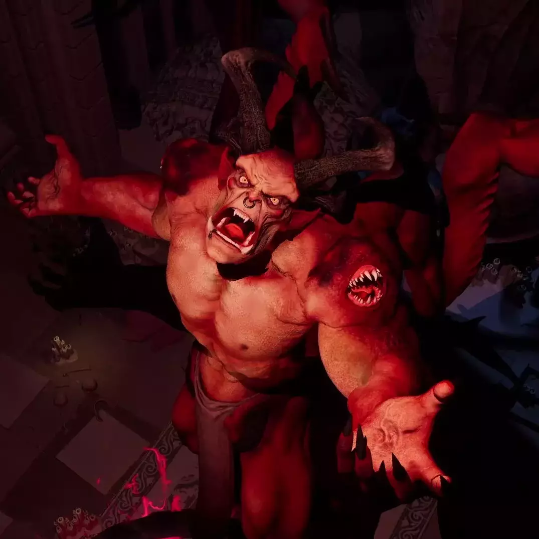 A menacing, muscular demon with red skin, sharp horns, and a fierce expression looms over a dimly lit, ancient setting.