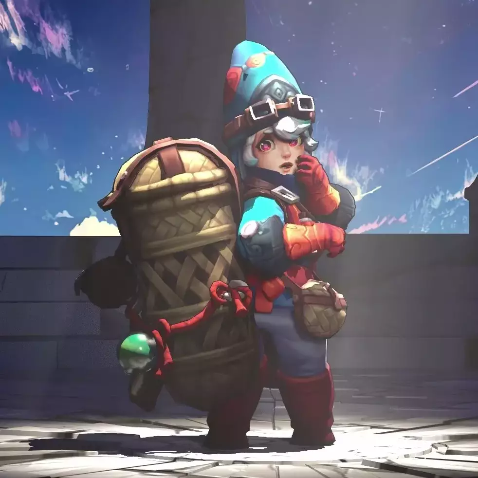 A whimsical character in a vibrant blue and red outfit, standing in a spotlight amid a picturesque, starry sky.