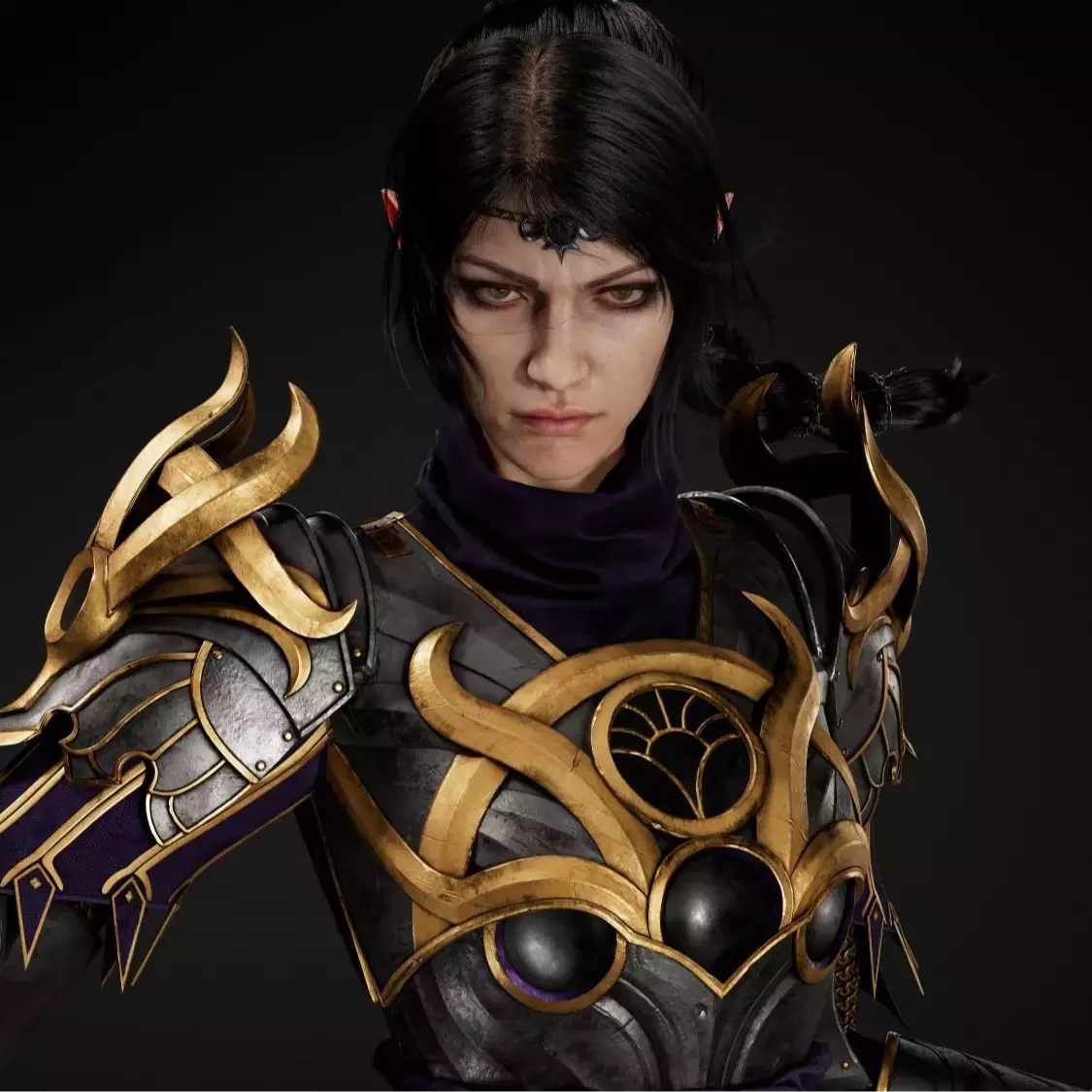 A figure in ornate, dark armor adorned with gold accents, striking a dynamic pose against a black background.
