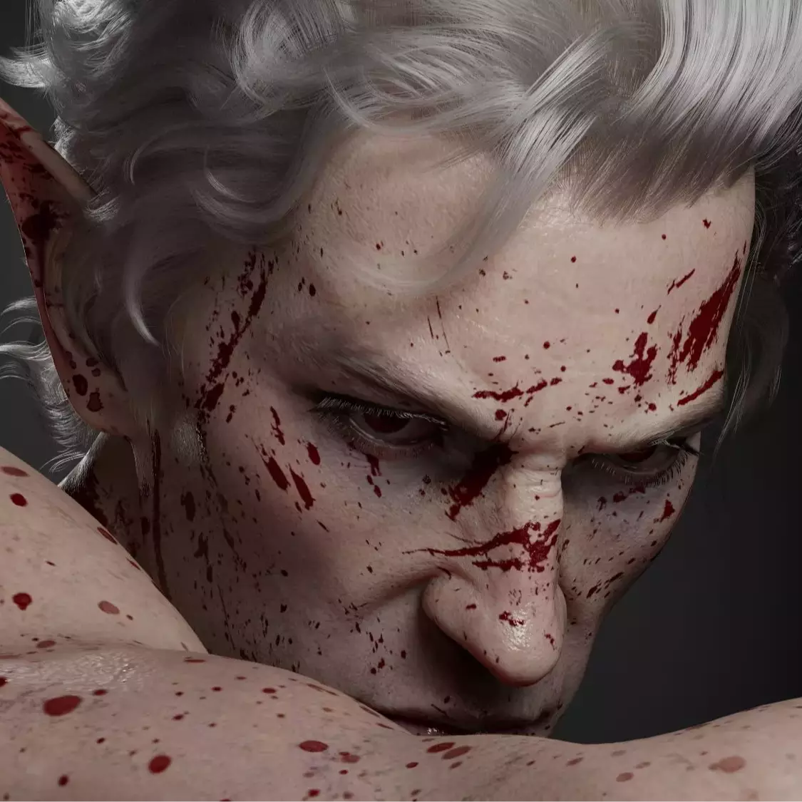 A character with pointed ears, pale skin, and white hair is covered in blood splatters, looking intensely forward.