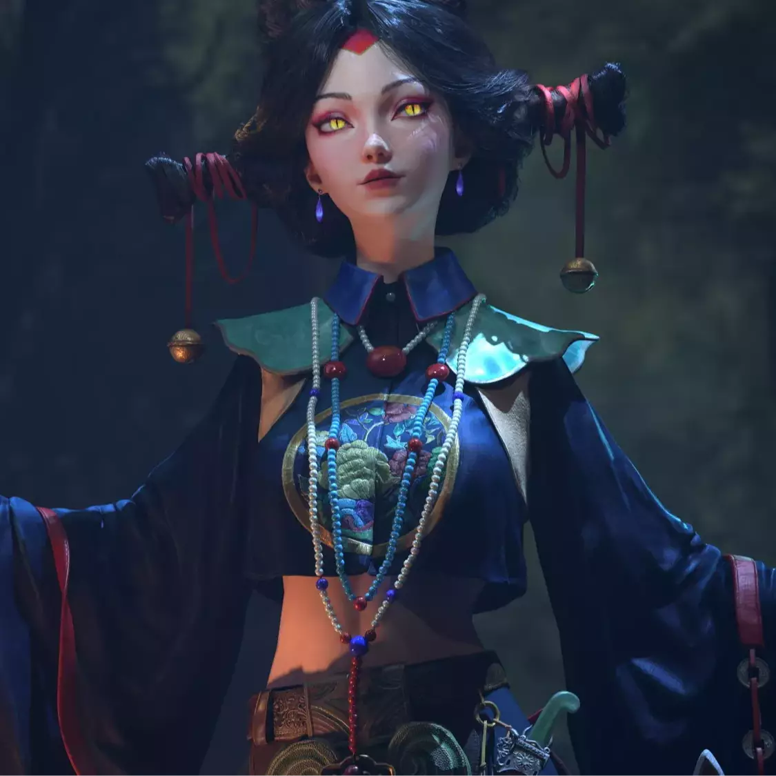 A figure in elaborate attire, adorned with colorful beads and a symbolic emblem, poses gracefully in a dark outdoor setting.